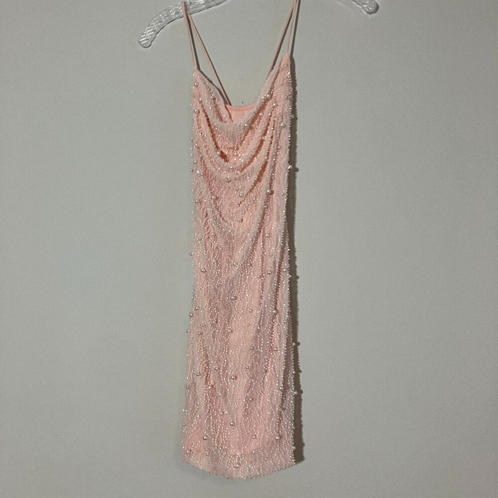 Oh Polly Pink Mini Dress with white pearl embellishments
